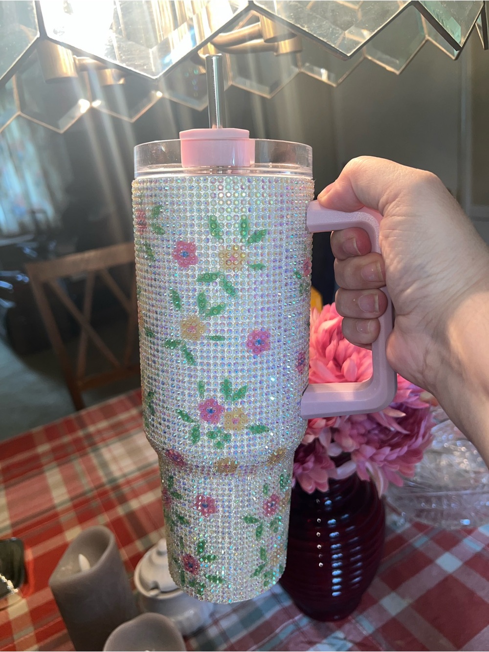 Extra large Sparkling Floral Rhinestone Tumbler with Handle - Pink Accents